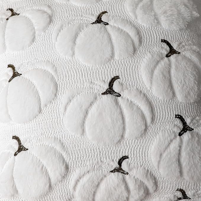 4TH Emotion Fall Pumpkins Decorative Pillow Covers 18x18 Set of 2, White Soft Plush Faux Fur Wool Farmhouse Throw Cushion Cases for Autumn Thanksgiving Holiday Home Decorations