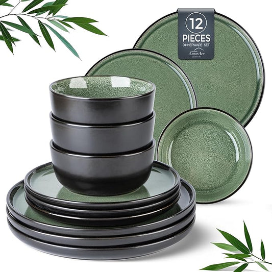 AmorArc Stoneware Dinnerware Sets,Round Reactive Glaze Plates and Bowls Set,Highly Chip and Crack Resistant | Dishwasher & Microwave Safe Dishes Set,Service for 4 (12pc)
