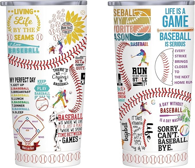 Baseball Tumbler Cup With Lid - Lover Birthday Gifts, Stainless Steel Vacuum Coffee Mug for Women Men, 20 Oz