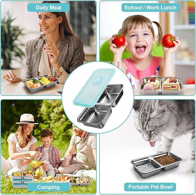 Stainless Steel Reusable Snack Containers with Lids, Grab and Go Double Compartments Snackle Box Containers, Small Sauce Condiment Containers for Travel,School,Camping, Dishwasher Safe, 2 Pack, 15.2oz