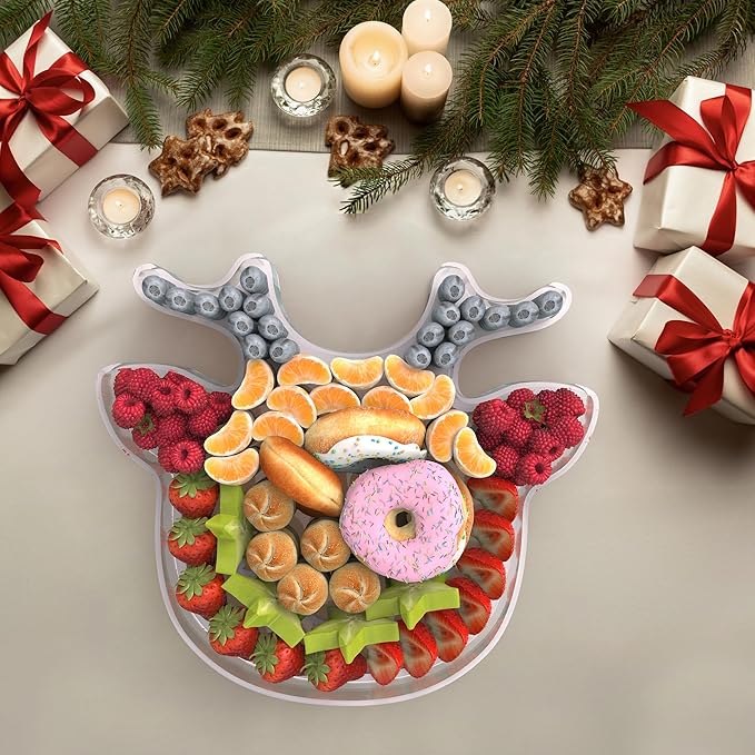 11" Christmas Elk Charcuterie Boards, Acrylic Reusable Serving Tray for Dessert Appetizer Display, Cute Decorative Snack Platter for Xmas Party Table Decoration