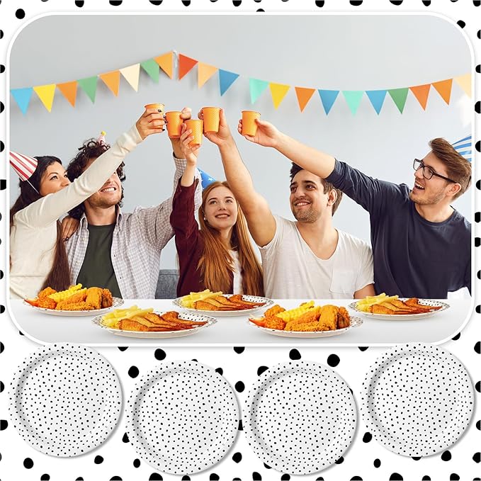 Zhehao 50 Pcs Black Painted Dots Paper Plates 9 Inch Disposable Summer Plates Party Decoration for Birthday Picnic Spring Wedding Baby Shower