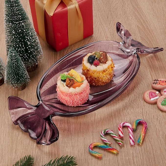 Christmas Platter Dish, Glass Candy Platter Serving Dessert Plates Christmas Dinnerware Tray Decorative Plates for Xmas Holiday Party Favor, Dark Purple, Small