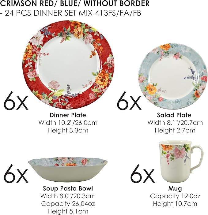 Tudor Royal 24-Piece Porcelain Round Dinnerware Set, Service for 6, Crimson Design, Summer Floral, Plates Bowls Mugs Dishes, Glossy, Premium Quality Tableware