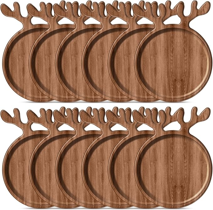 12 Pcs Christmas Appetizer Platter 12 Inch Cutting Board Acacia Serving Trays Wood Charcuterie Board Tray Snack Dessert Candy Dish Plate for Kitchen Gifts (Deer Antler)