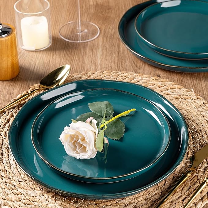 AmorArc Ceramic Dinnerware Sets for 4, 12 Pieces Handpainted Plates and Bowls Set with Rustic Terracotta Underside, Scratch Resistant Stoneware Dishes Set, Dishwasher & Microwave Safe