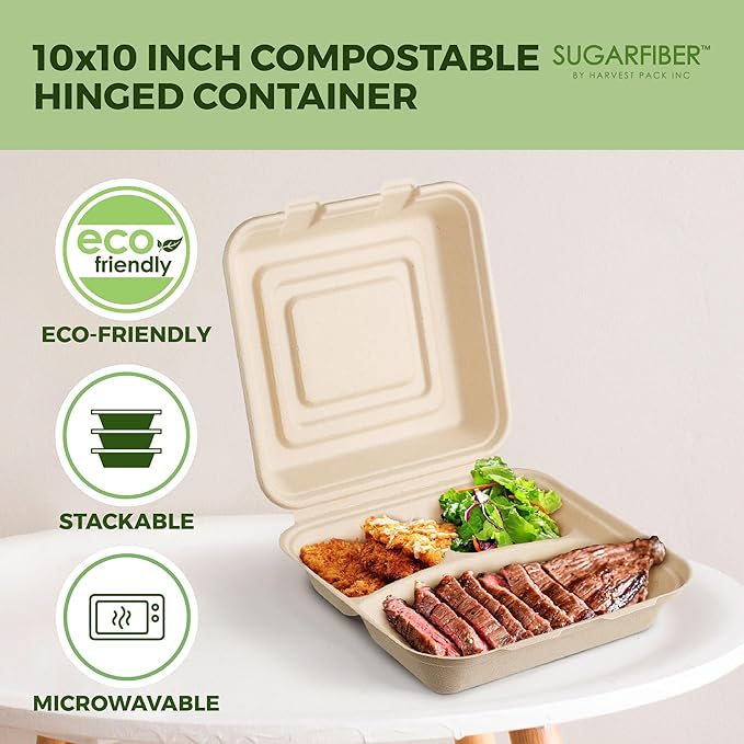 [200 COUNT]Harvest Pack 10 X 10" Compostable Clamshell Take Out Food Containers, 3 Compartment Clamshell Heavy-Duty Hinged Container, Disposable Divided Bagasse Eco-Friendly Natural to go Box