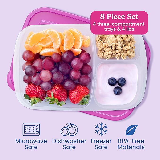 Bentgo Easyboxes - Original Stackable Lunch Boxes - Reusable 3-Compartment Food Containers for Kids and Adults - Bento Lunch Box for Meal Prep, School, & Work - BPA Free, Set of 4 (Brights)