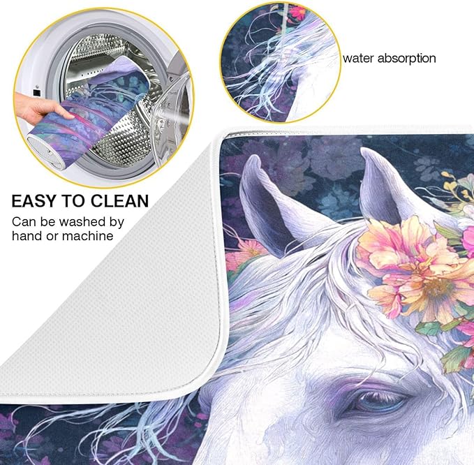White Horse with Colorful Flowers Dish Drying Mat for Kitchen Counter Super Absorbent Dishes Pad Reversible Microfiber Protector Dish Draining Mats 16x18 inch