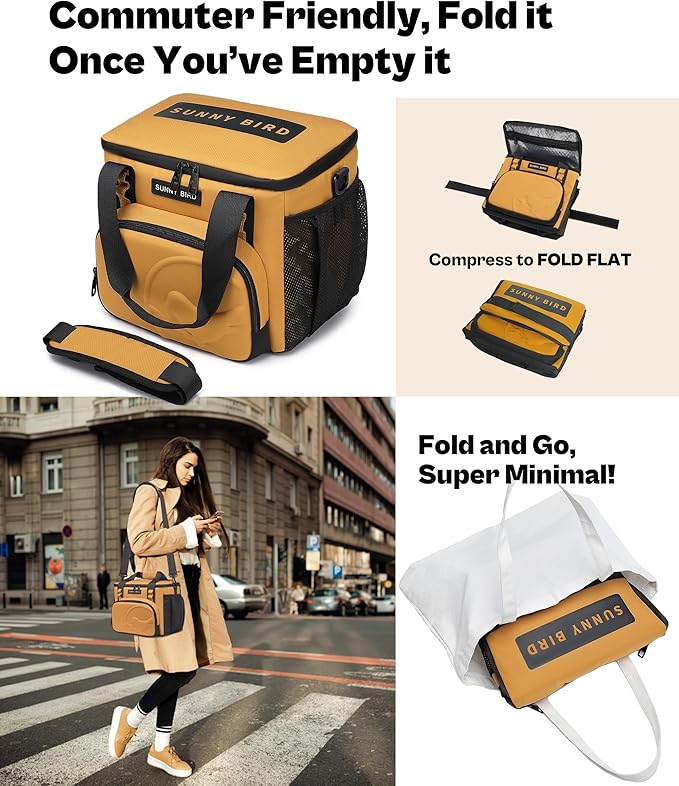 SUNNY BIRD 12L Large Insulated Lunch Bag, Leakproof and Foldable Lunch Cooler Box for Women Adult and Men, Fits 18 Cans (Ochre 01)
