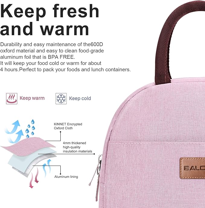BALORAY Lunch Bag for Women Men Insulated Lunch Box for Adult Reusable Lunch Tote Bag for Work, Picnic or Travel (Pink)