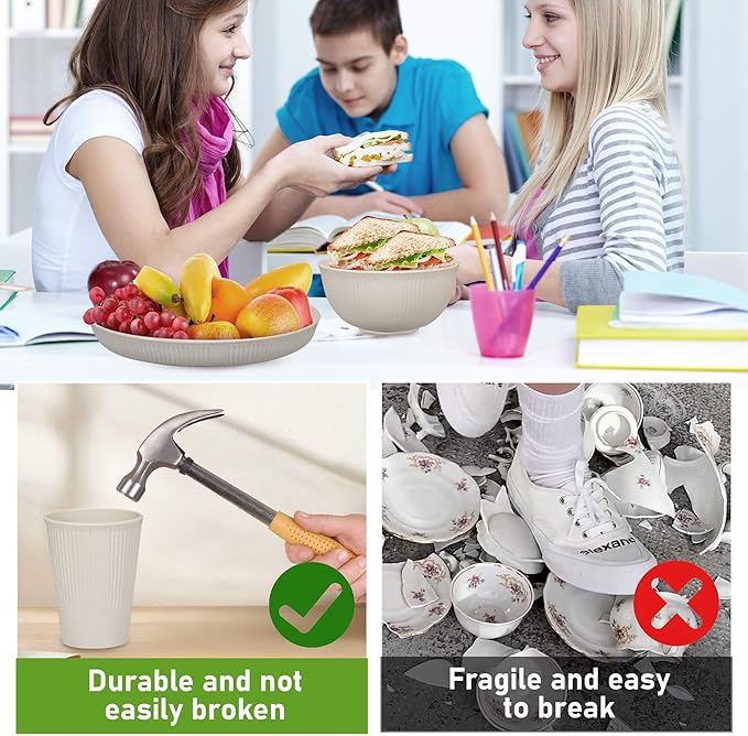 12pcs Wheat Straw Dinnerware Sets, Kitchen Unbreakable Wheat Straw Plates and Bowls Sets for College Dorm Apartment Reusable Beige