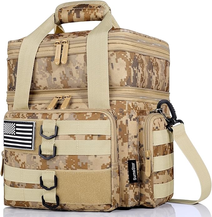Tactical Lunch Box for Men, Large Insulated Lunch Bag for Adult, Heavy Duty Double Deck Expandable Lunch Cooler Bag with American Flag, Leakproof Soft Lunch Pail for Work Office Camping - Camo khaki