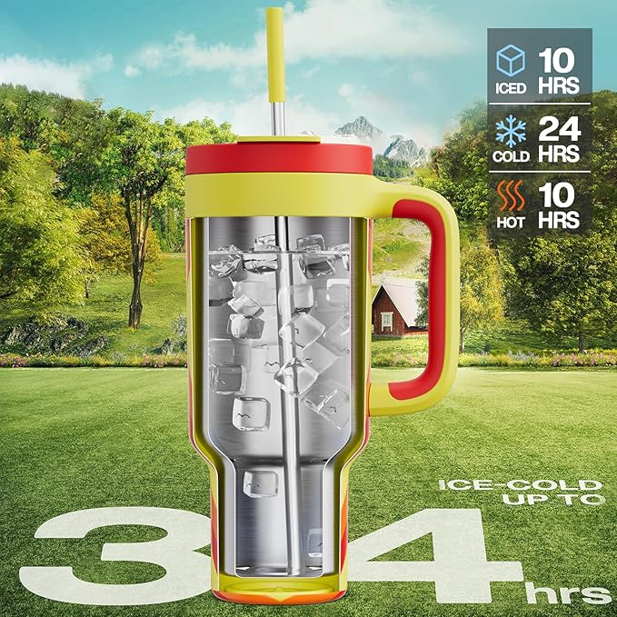 40 oz Tumbler with Handle, 2-in-1 Straw and Sip Lid, Leakproof, Dishwasher Safe, Insulated Stainless Steel Travel Coffee Mug, Keeps Cold for 34 Hours, Fits in Car Cup Holder (Fiery Love)