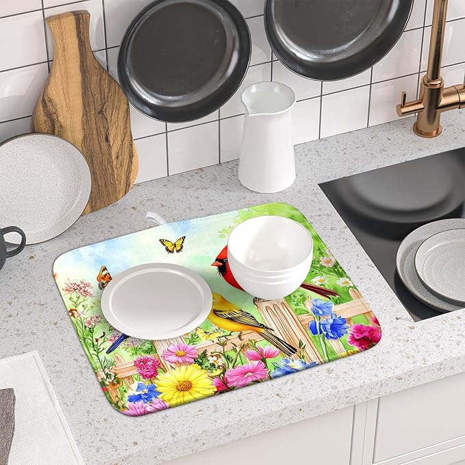 Spring Birds Dish Drying Mats 16x18 Inch,Colorful Flowers Butterfly Absorbent Microfiber Dishes Drainer Rack Mat Tableware Drying Pad for Kitchen Countertop Coffee Bar Sink Decor