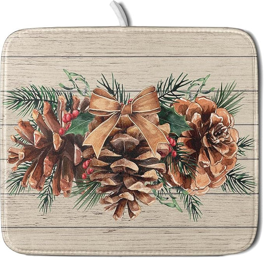 Winter Pine Cone Dish Drying Mat Holly Berries Dish Draining Mat Microfiber Washable Dish Drainer Rack Mat for Home Kitchen Counter 16"x18"