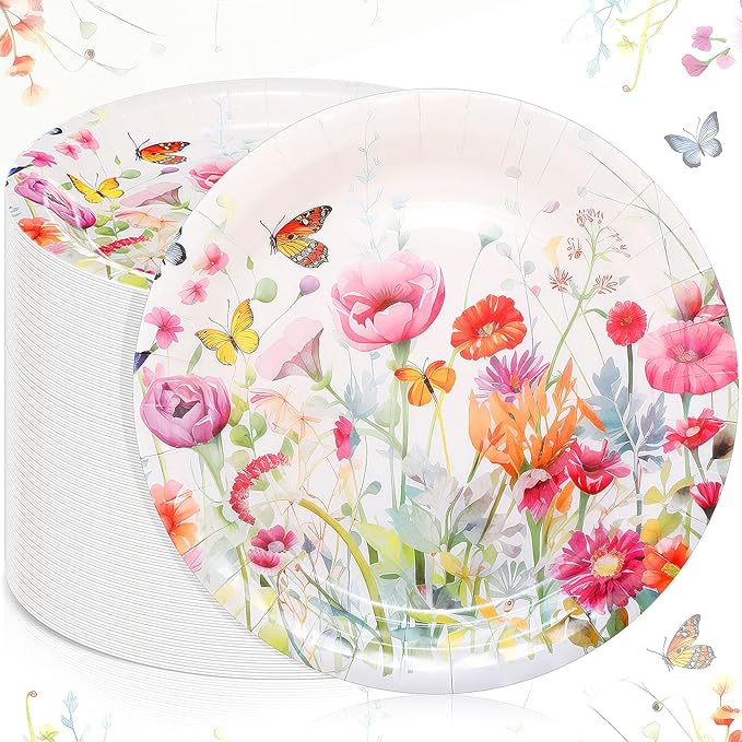 Zhehao 100 Pcs Wildflower Paper Plates 9 Inch Disposable Summer Plates Party Decoration for Birthday Picnic Spring Wedding Baby Shower