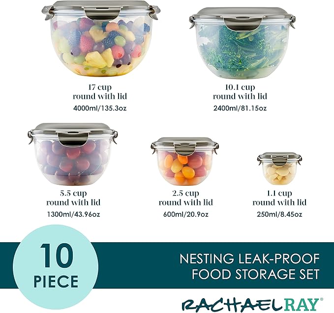 Rachael Ray Leak-Proof Nestable Container Food Storage Bin Set, 10-Piece, Clear with Gray Lids (Pack of 2)