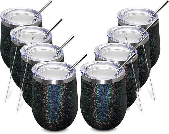 MEWAY 12oz/8 Pack Wine Tumbler Glasses with Lid - Stemless Double Wall Vacuum Stainless Steel Glitter Tumbler - Keeping Cold & Hot Cup for Coffee,Gift for Women(Rainbow Black,Set of 8)