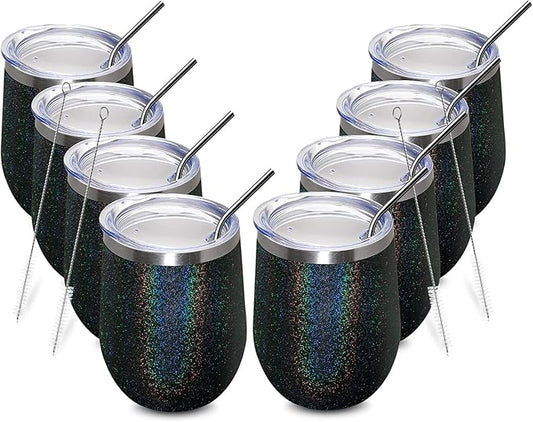 MEWAY 12oz/8 Pack Wine Tumbler Glasses with Lid - Stemless Double Wall Vacuum Stainless Steel Glitter Tumbler - Keeping Cold & Hot Cup for Coffee,Gift for Women(Rainbow Black,Set of 8)