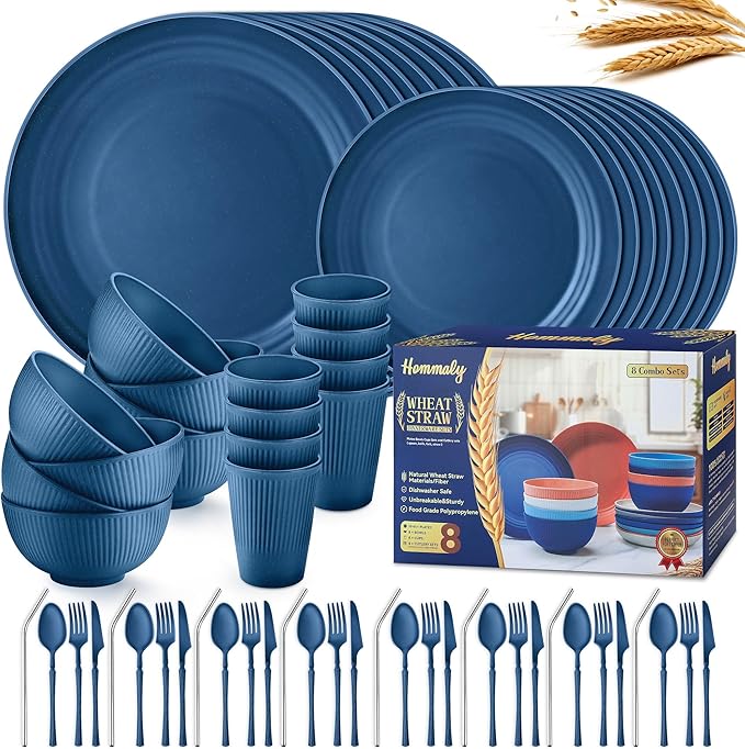 Wheat Straw Dinnerware Sets,64-Piece Plates and Bowls Sets for 8-Unbreakable,Reusable Plastic Dish Set-Dinner Plate/Dessert Plate/Cereal Bowl/Cup/Utensils-Microwavable Dishwasher Safe 64P-Deep Blue
