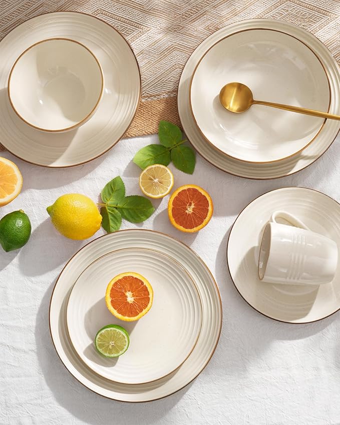 Famiware Jupiter Dinnerware Set, Plates and Bowls Dish Sets for 4 (12 Pieces), Microwave and Dishwasher Safe Stoneware Speckled Tableware, Chip and Scratch Resistant, Vanilla White