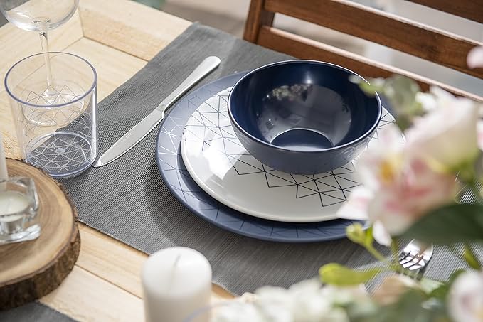 bzyoo 12 Piece Melamine Dinnerware Set - Durable, Dishwasher Safe Plates and Bowls - Dinning, Parties, Camping Dish Set Spidy Blue Collection