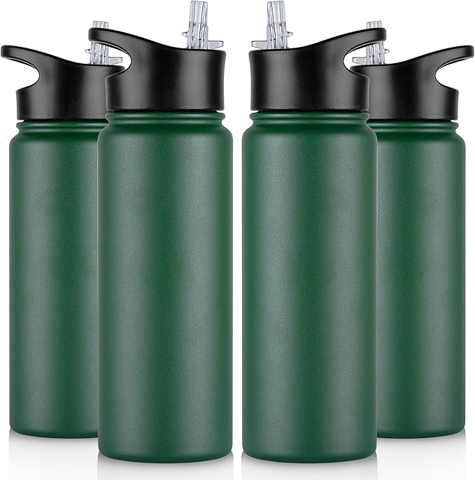 24 oz Insulated Water Bottle Bulk 4 Pack, Stainless Steel Sports Water Bottles with Straw Lid & Wide Mouth Lids, Double Walled Vacuum, Leak Proof, Dark Green