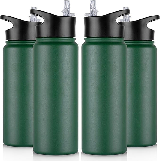 24 oz Insulated Water Bottle Bulk 4 Pack, Stainless Steel Sports Water Bottles with Straw Lid & Wide Mouth Lids, Double Walled Vacuum, Leak Proof, Dark Green
