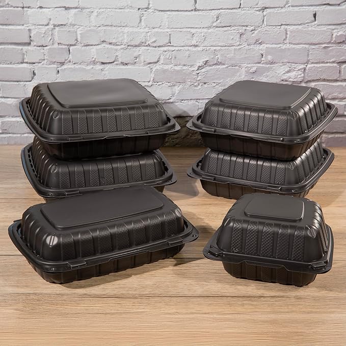 CIAO! 6"x6"x3" MFPP Black Hinged Container With Lid 1 Compartment (Case of 300)