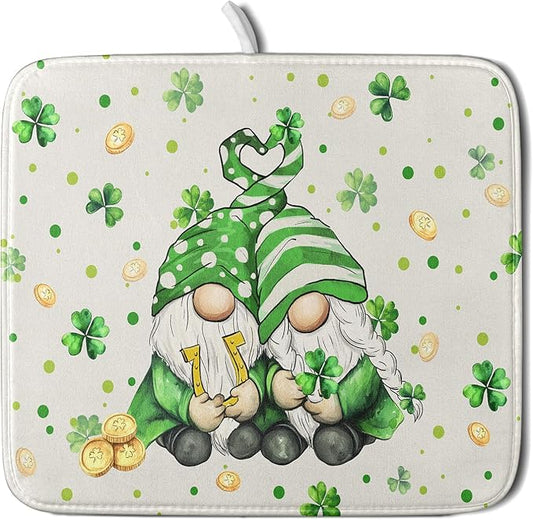 St Patrick's Day Gnome Dish Drying Mat 16x18 inch Lucky Shamrock Absorbent Reversible Dishes Drainer Rack Mat for Coffee Bar Kitchen Decor