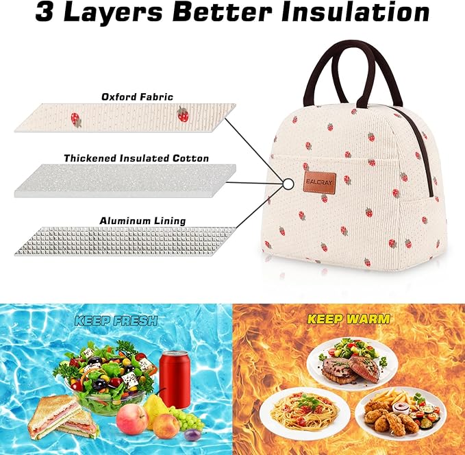 BALORAY Lunch Bag for Women Men Insulated Lunch Box for Adult Reusable Lunch Tote Bag for Work, Picnic or Travel (Corduroy Beige with Strawberry)
