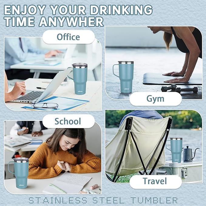 20 oz Insulated Coffee Mug with Ceramic Coating, Stainless Steel Travel Mug Tumbler with Handle Lid and Straw, Double Wall Leak-Proof Coffee Travel Mug Keeps Drink Hot and Cold (Lake Green)