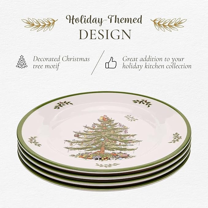 Spode Christmas Tree Melamine Salad Plate (Set of 4) - 8 Inch Shatterproof Serving Plate for Holiday Meals, Holiday Party - Festive Tableware for Indoor & Outdoor Use, Dishwasher Safe Dinnerware