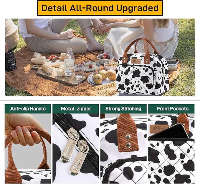 Buringer HOMESPON Lunch Bag for Woman Man Adults with Front Pocket Insulated Lunch Tote Lunch Box Container for Work Picnic or Travel（Cow）