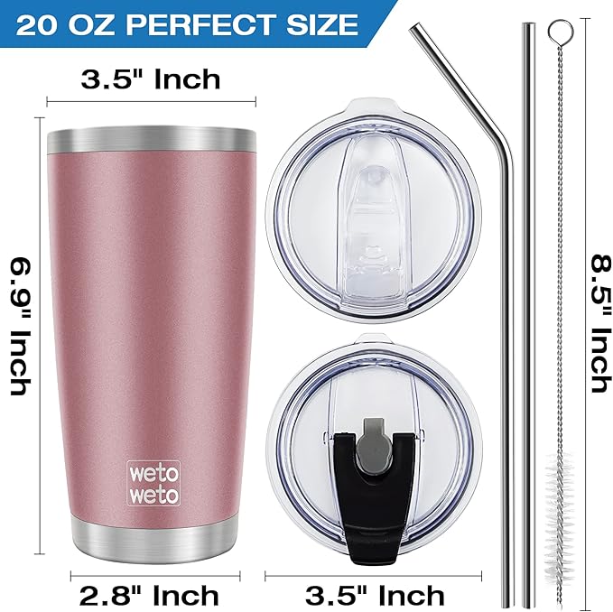 WETOWETO 20oz Insulated Stainless Steel Coffee Mug, Double Wall Vacuum Travel Mug with 2 Lids and 2 Straws, Powder Coated Tumbler Cup (Rose Gold,1)