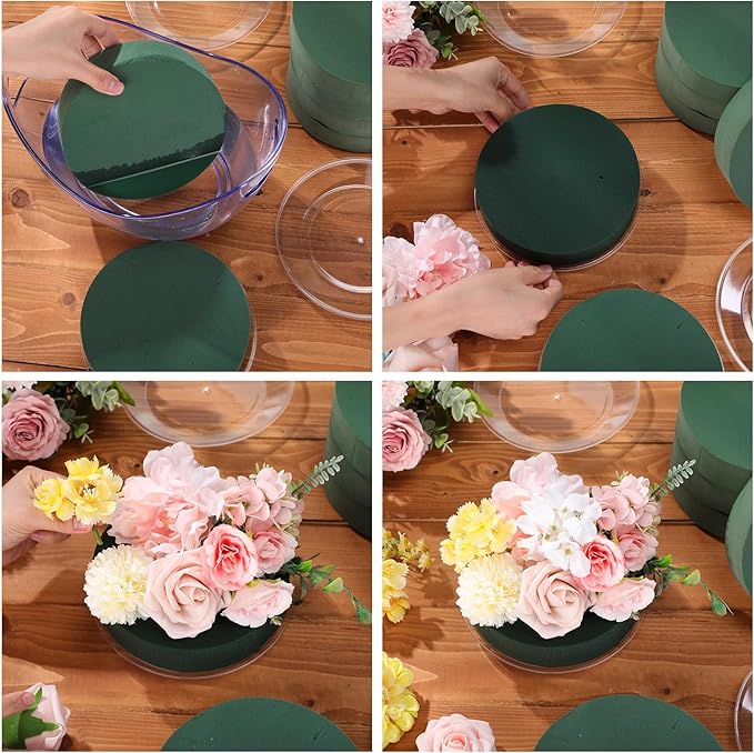 Threlaco 6 Sets Round Floral Foam and Clear Plastic Saucer Plant Drip Tray Floral Flower Dish Green Foam for Artificial Flowers Wedding Home Party Decoration