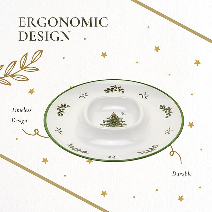 Spode Christmas Tree Melamine Chip & Dip - 14-Inch Serving Platter for Cheese, Appetizers, Chips, Salsa - Durable, Shatterproof, Dishwasher Safe - Ideal for Indoor & Outdoor Holiday Entertaining