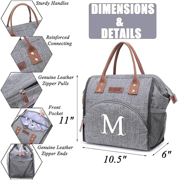 Personalized Lunch Box for Women, Initial Reusable Insulated Lunch Bag, Wide-Open Adult Lunchbox Cooler Lunchbag Snack Organizer, Initial Leakproof Lunch Tote Bag for Picnic Work Outdoors Grey - N