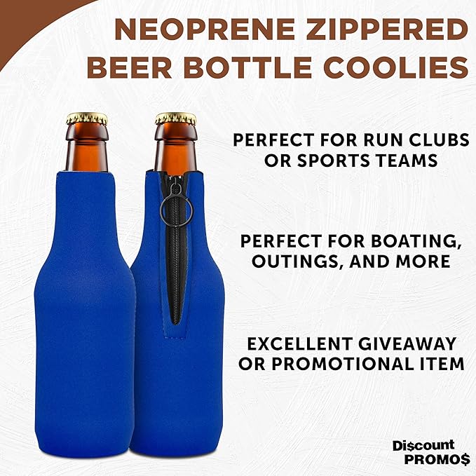 10 Neoprene Zippered Beer Bottle Coolies Pack - Sharkskin Rubber Bottom - Royal Blue
