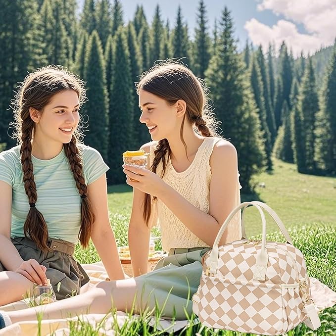 CAMTOP Lunch Box for Women Insulated Lunch Bag Lunchbox Cooler Thermal Leakproof Quilted Reusable Lunch Tote Bag for Work School Travel Picnic (Brown-White Check)