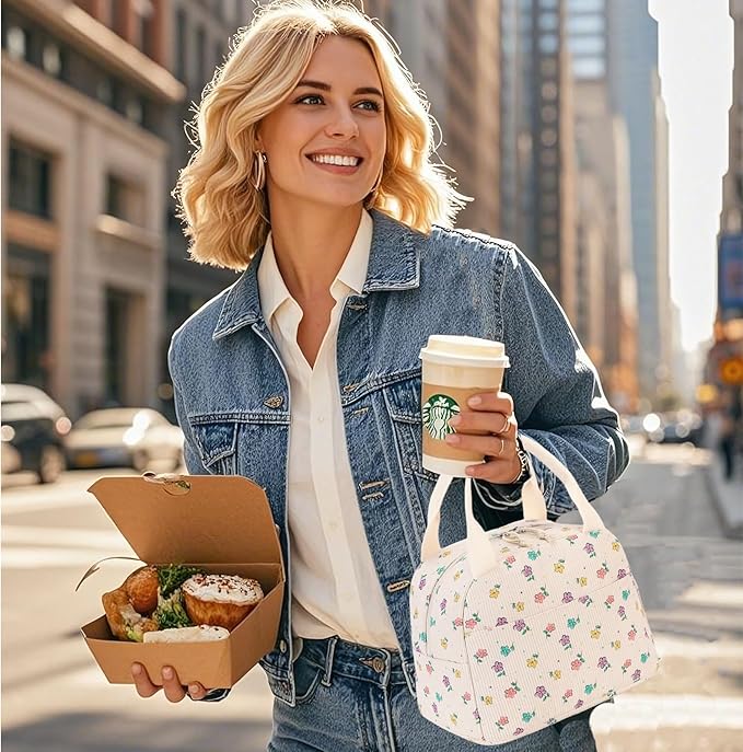 BTOOP Lunch Box for Women Men Cute Corduroy Lunch Bags Large Capacity Insulated Lunch Tote Bag For Work Travel Or Picnic (Mix Color flower)