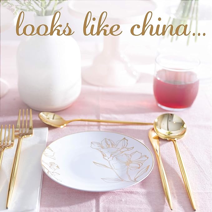 [6'' Plates 10 Count] White Plastic Floral Design Party Plates With Gold Rim Premium heavyweight Elegant Disposable Tableware Dishes