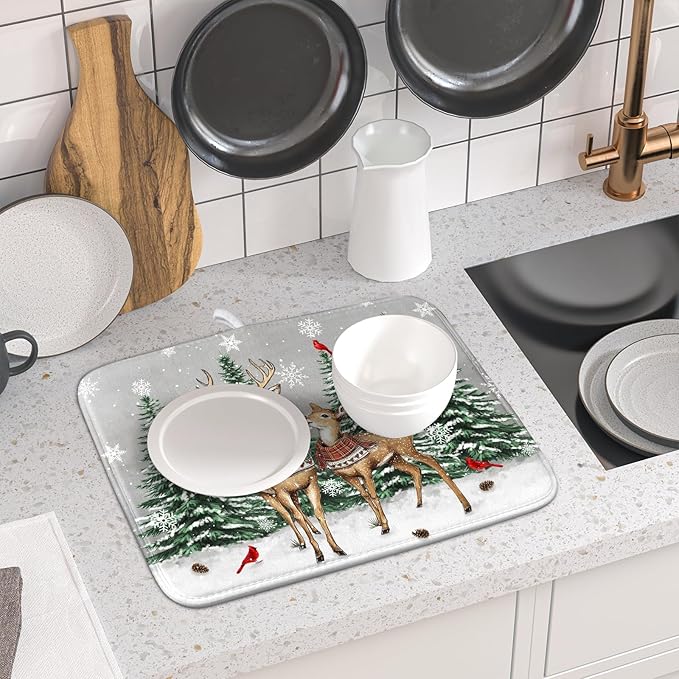 Winter Deer Dish Drying Mat Pine Tree Absorbent Dish Dry Pad Seasonal Microfiber Dish Drainer Mats for Kitchen Counter Coffee Bar 16x18 in