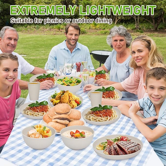 12pcs Wheat Straw Dinnerware Sets, Kitchen Unbreakable Wheat Straw Plates and Bowls Sets for College Dorm Apartment Reusable Beige