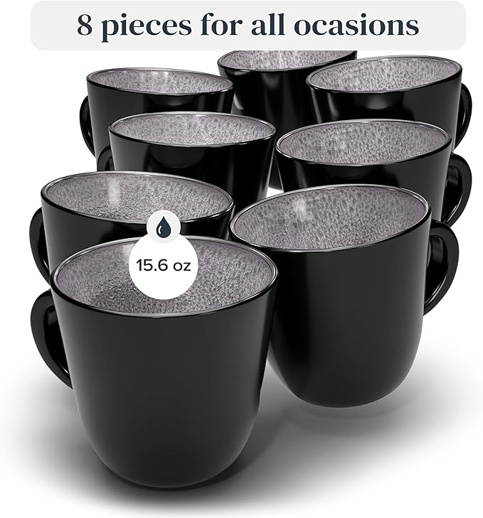 Stoneware coffee mugs set 8 pcs – 14.5 oz dark gray ceramic cups – Dishwasher and microwave safe – Modern stylish coffee cup set – Dinner service