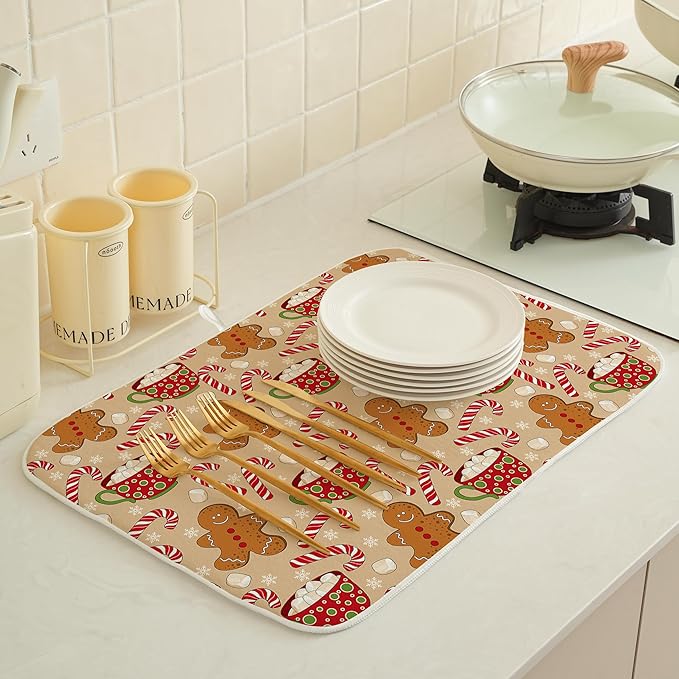 Christmas Dish Drying Mats 18x24 Inch Candy Cane Snowflake Gingerbread Man Drying Mats Xmas Winter Holiday Kitchen Decor Absorbent Drying Pad Rack Drainer Mats for Kitchen Dining Room Counter