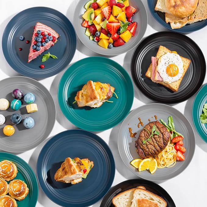 Supernal 10" Wheat Straw Dinner Plates,Reusable&Durable Plastic Plates Dishwasher Safe,16-Pack (4 Black, 4 Dark Green, 4 Dark Blue, 4 Dark Gray), Versatile Tableware for Modern Dining and Outdoor Use