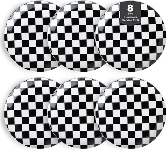 Ceramic Dinner Plates Set of 6-8 Inch Checkered Salad Plates, Microwave, Oven & Dishwasher Safe, Modern Minimalist Dessert Plates Geometric Black and White Plates for 6