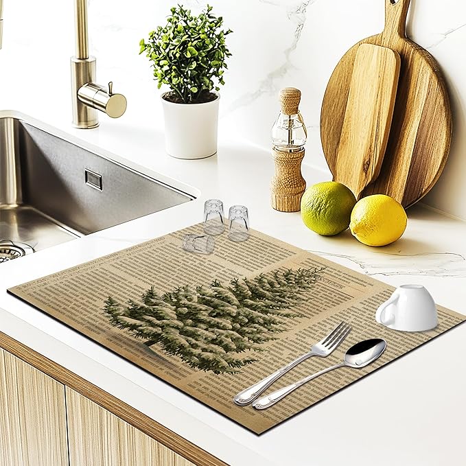 Vintage Christmas Tree Dish Drying Mat, Retro Spruce Xmas Tree Newspaper Absorbent Dish Drainer Reusable Washable Drying Mat Pad for Kitchen Counter, Rustic Christmas Decor, 12×15 Inch